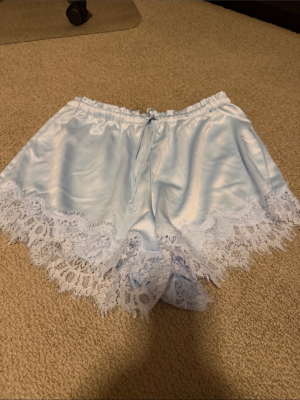 Light Blue Satin Lace-Trim  Shorts